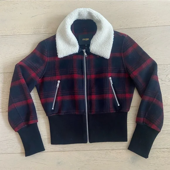 MAJE Bloppane Plaid Wool Blend Bomber Jacket FR38 US6 Red Navy Parisian Chic - Picture 2 of 11